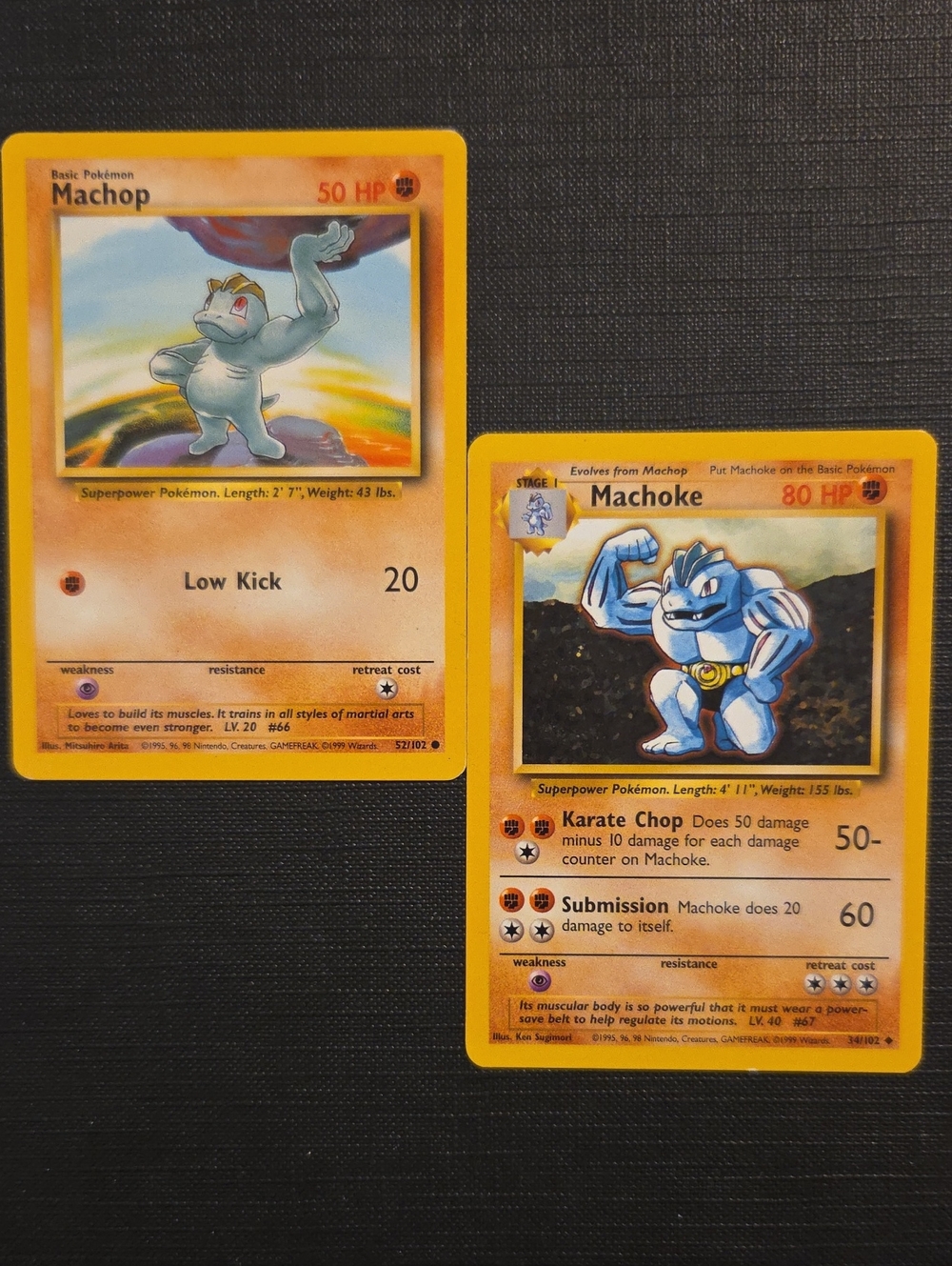 Pokemon Base Set 1999: MACHOP #52 + MACHOKE #34 Trading Cards (Set of 2)